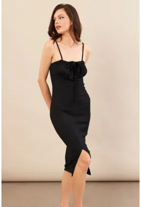 Kadın Siyah Önü Bağlamalı Rustik Midi Elbise FRO2001