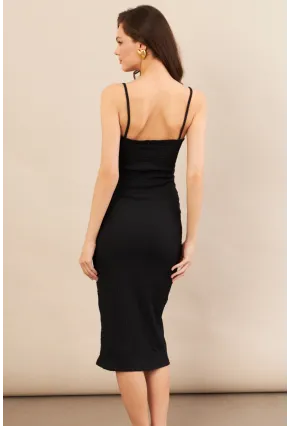 Kadın Siyah Önü Bağlamalı Rustik Midi Elbise FRO2001