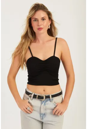 Kadın Siyah Önü Büzgülü Crop Bluz CG339