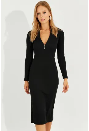 Kadın Siyah Önü Fermuarlı Kaşkorse Midi Elbise EY2547