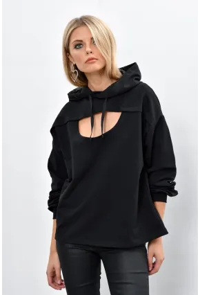 Kadın Siyah Önü Pencereli Kapüşonlu Sweatshirt Yİ1669