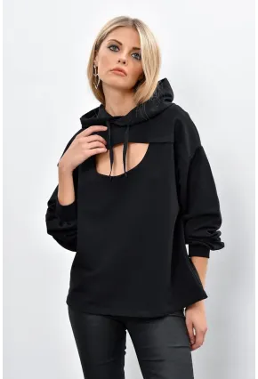 Kadın Siyah Önü Pencereli Kapüşonlu Sweatshirt Yİ1669