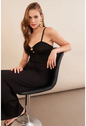 Kadın Siyah Önü Pencereli Midaxi Elbise EY3114