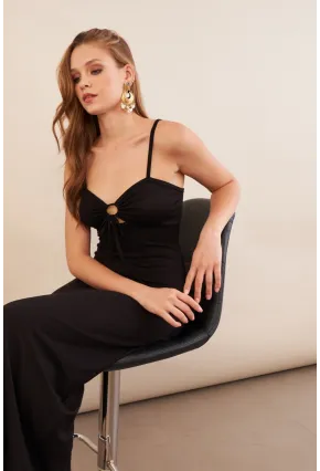 Kadın Siyah Önü Pencereli Midaxi Elbise EY3114