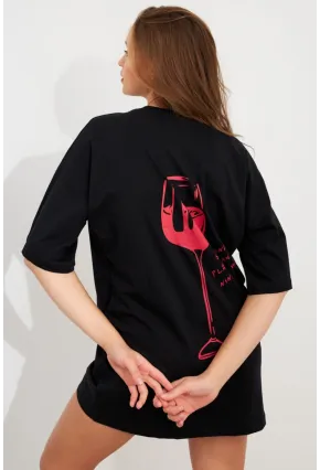Kadın Siyah Oversize Pijama T-Shirt TPG14
