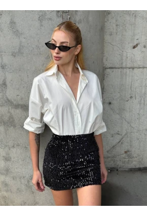 Kadın Siyah Payetli Şortlu Mini Etek