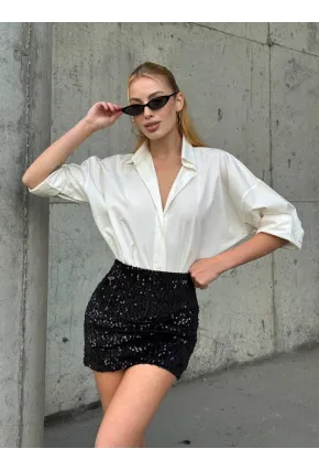 Kadın Siyah Payetli Şortlu Mini Etek