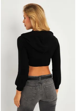 Kadın Siyah Pencereli Kapüşonlu Crop Bluz TF08