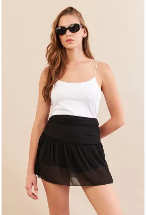 Kadın Siyah Pileli Tül Şort Etek ZH092