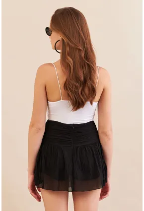 Kadın Siyah Pileli Tül Şort Etek ZH092