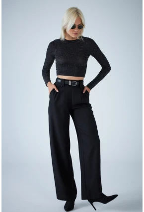 Kadın Siyah Plili Geniş Paça Pantolon DER3008