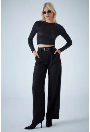 Kadın Siyah Plili Geniş Paça Pantolon DER3008