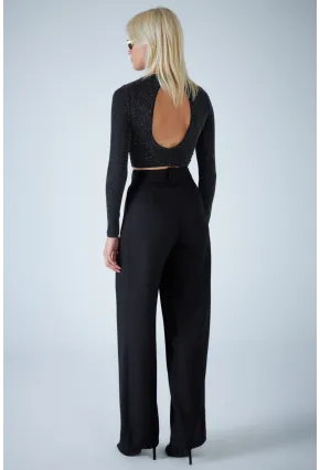 Kadın Siyah Plili Geniş Paça Pantolon DER3008