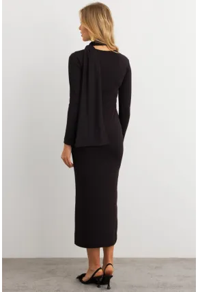 Kadın Siyah Şal Detaylı Midi Elbise EY3010