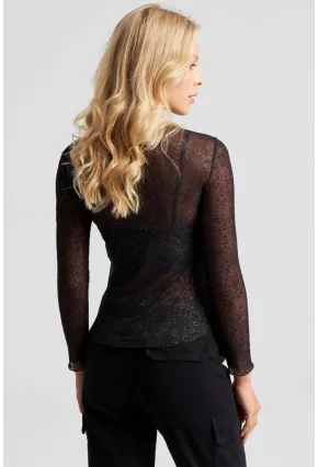 Kadın Siyah Simli Transparan Tül Bluz LPP5028