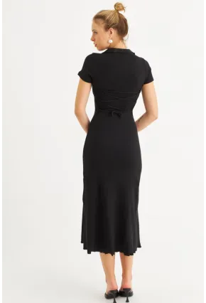 Kadın Siyah Sırt Bağlamalı Kaşkorse Midi Elbise MFRY0001