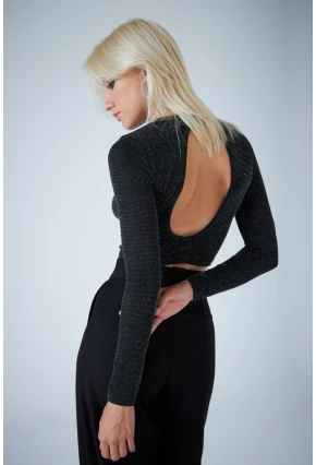 Kadın Siyah Sırt Dekolteli Parlak Bluz ELT184