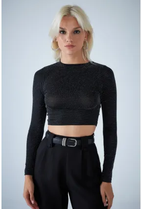 Kadın Siyah Sırt Dekolteli Parlak Bluz ELT184