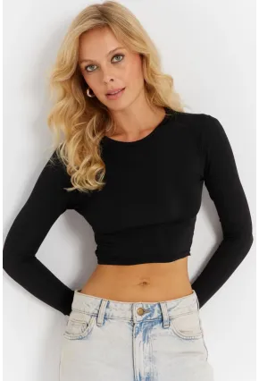 Kadın Siyah Sırt Detaylı Crop Bluz CG365