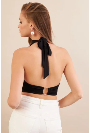 Kadın Siyah Sırt Detaylı Pencereli Crop Bluz EY3108