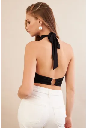 Kadın Siyah Sırt Detaylı Pencereli Crop Bluz EY3108