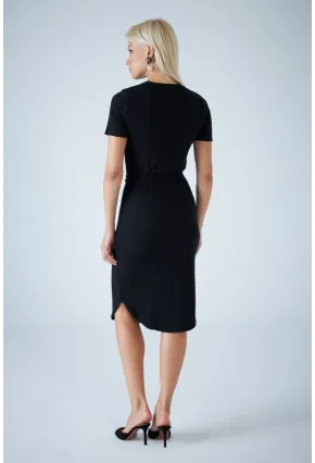 Kadın Siyah Sırt Lastikli Bağlamalı Midi Elbise LPP1316