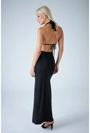 Kadın Siyah Sırtı Açık Midi Elbise DCF130