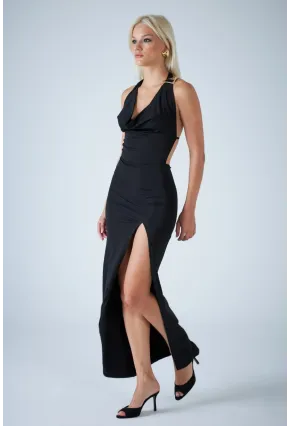 Kadın Siyah Sırtı Açık Midi Elbise DCF130
