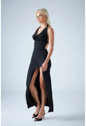 Kadın Siyah Sırtı Açık Midi Elbise DCF130