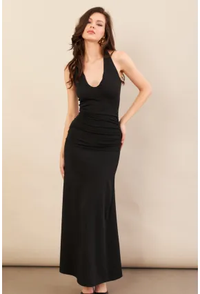 Kadın Siyah Sırtı Açık Boyun Bağlamalı Maxi Elbise DCF061