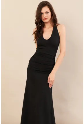 Kadın Siyah Sırtı Açık Boyun Bağlamalı Maxi Elbise DCF061