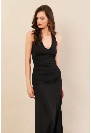 Kadın Siyah Sırtı Açık Boyun Bağlamalı Maxi Elbise DCF061