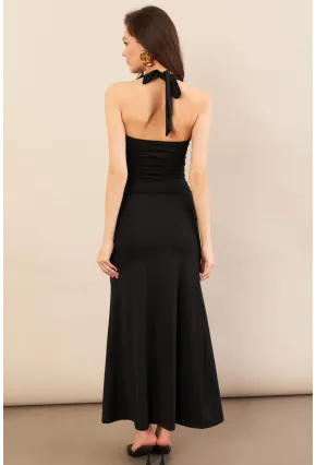 Kadın Siyah Sırtı Açık Boyun Bağlamalı Maxi Elbise DCF061