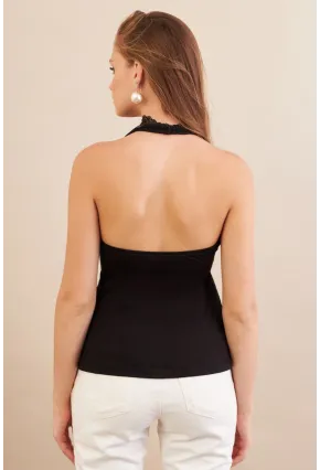 Kadın Siyah Sırtı Açık Dantel Detaylı Bluz EY3117