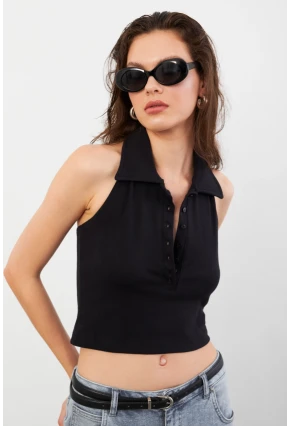 Kadın Siyah Sırtı Açık Düğmeli Bluz LPP1246-90