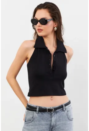 Kadın Siyah Sırtı Açık Düğmeli Bluz LPP1246-90