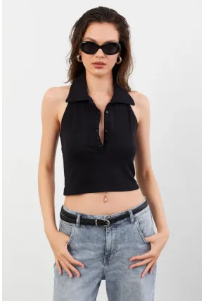 Kadın Siyah Sırtı Açık Düğmeli Bluz LPP1246-90