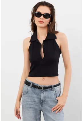 Kadın Siyah Sırtı Açık Düğmeli Bluz LPP1246-90
