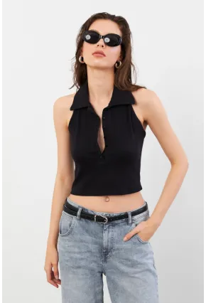 Kadın Siyah Sırtı Açık Düğmeli Bluz LPP1246-90