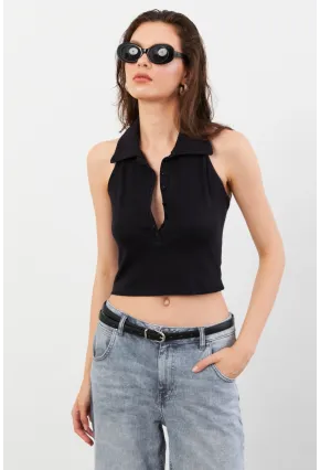 Kadın Siyah Sırtı Açık Düğmeli Bluz LPP1246-90