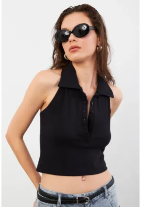 Kadın Siyah Sırtı Açık Düğmeli Bluz LPP1246-90