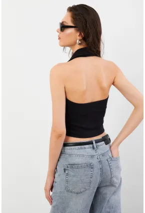 Kadın Siyah Sırtı Açık Düğmeli Bluz LPP1246-90