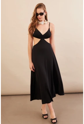 Kadın Siyah Sırtı Açık Halter Yaka Midi Elbise AN7036