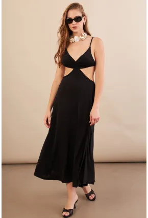 Kadın Siyah Sırtı Açık Halter Yaka Midi Elbise AN7036