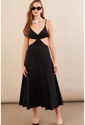 Kadın Siyah Sırtı Açık Halter Yaka Midi Elbise AN7036