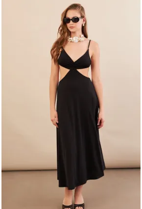 Kadın Siyah Sırtı Açık Halter Yaka Midi Elbise AN7036