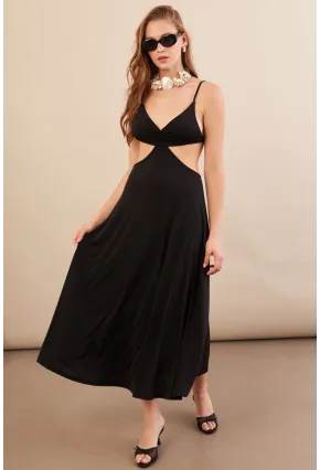 Kadın Siyah Sırtı Açık Halter Yaka Midi Elbise AN7036