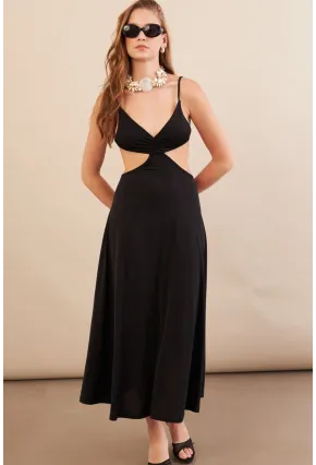 Kadın Siyah Sırtı Açık Halter Yaka Midi Elbise AN7036