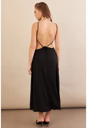 Kadın Siyah Sırtı Açık Halter Yaka Midi Elbise AN7036