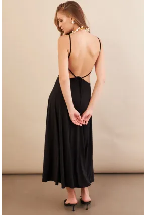 Kadın Siyah Sırtı Açık Halter Yaka Midi Elbise AN7036